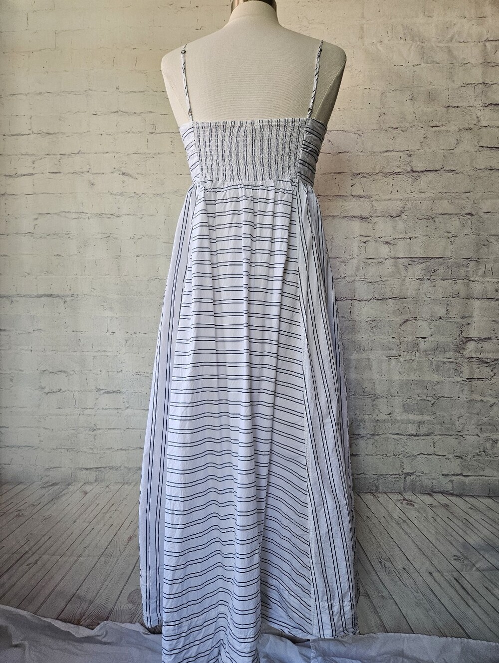 Free People Easy Breezy Midi Dress White Navy Blue Stripe Cotton Large - Picture 6 of 16